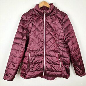 Packable Quilted Down Puffer Coat Size L. Maroon Machine Wash Hooded Gorpcore